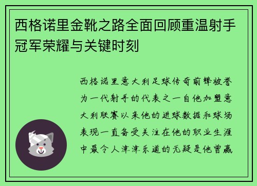 西格诺里金靴之路全面回顾重温射手冠军荣耀与关键时刻