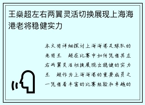 王燊超左右两翼灵活切换展现上海海港老将稳健实力